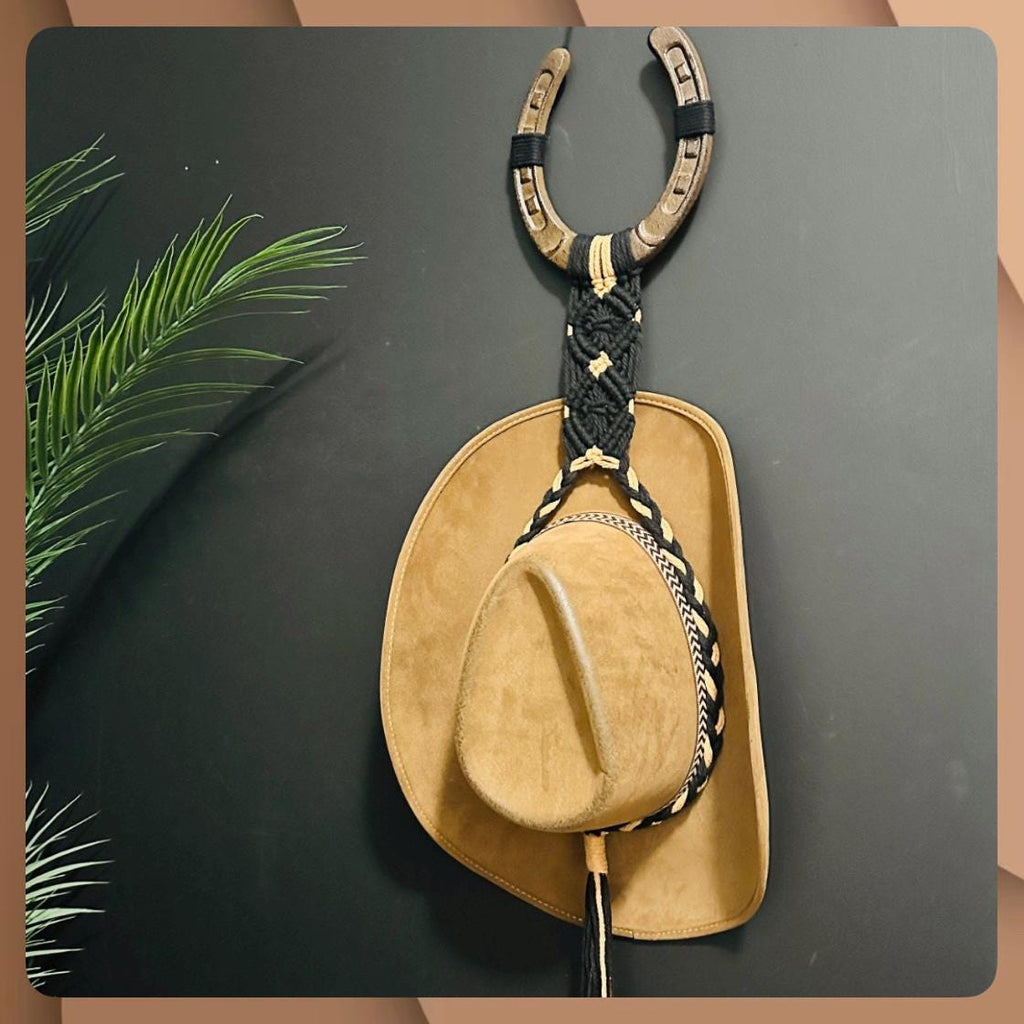 Rustic Horseshoe Cowboy Hat Holder: Handmade Macrame Western Decor