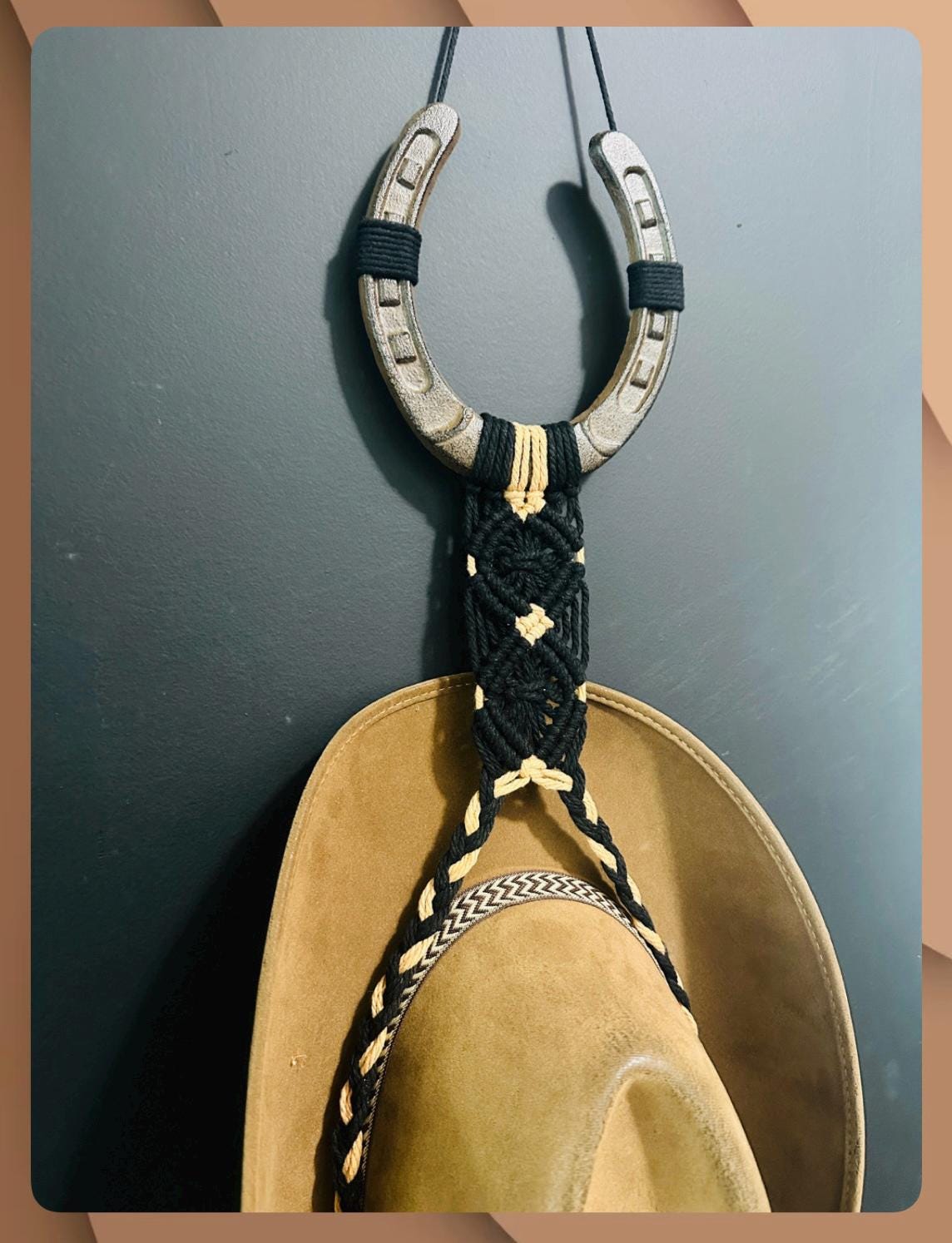 Rustic Horseshoe Cowboy Hat Holder: Handmade Macrame Western Decor