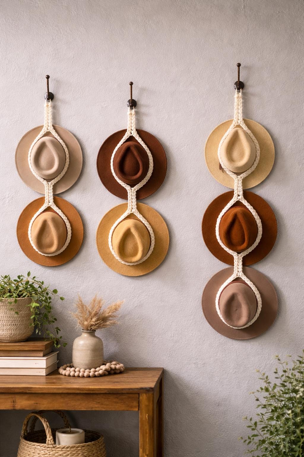 Handmade Crochet Hat Hanger | Natural Cotton Wall Organizer, Boho Farmhouse Style Hat Display