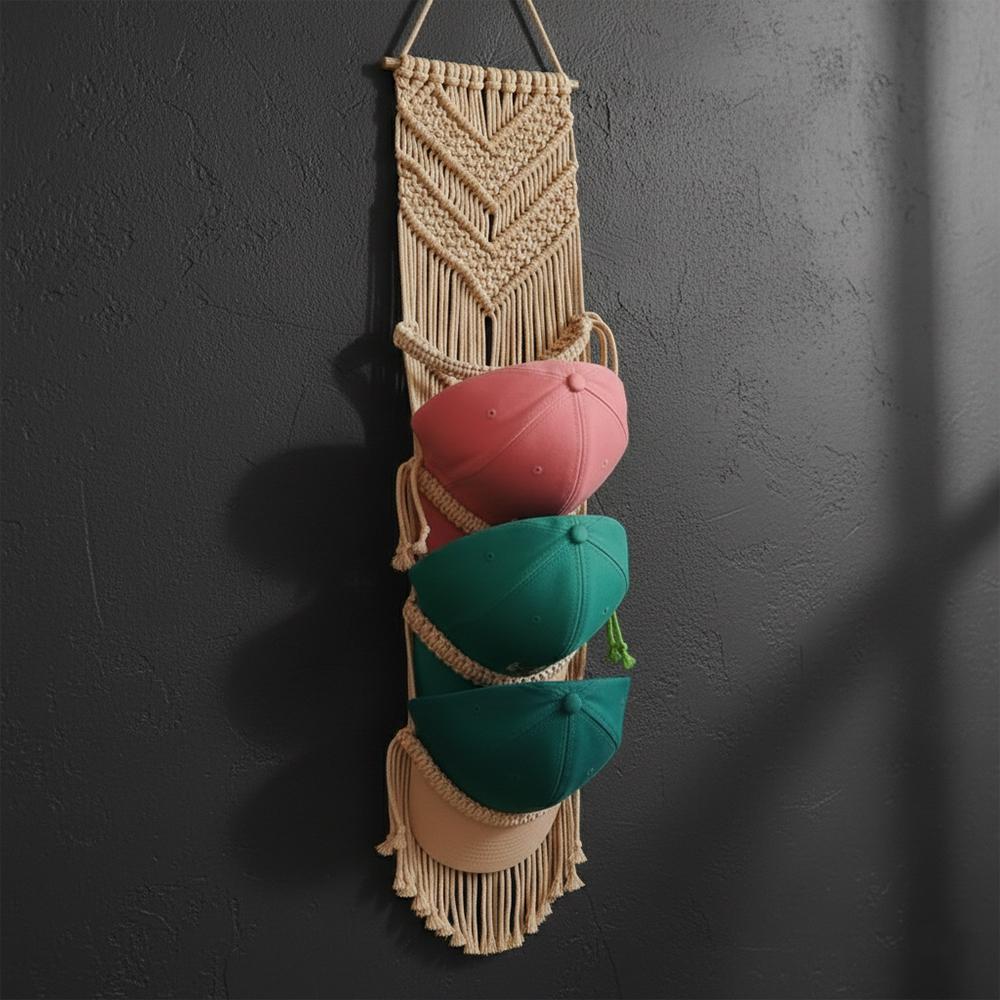 Macrame Hat Rack Organizer, Farmhouse Baseball Cap Holder For Wall, Boho Hat Organizer, Handmade Cap Display, Gift For Dad
