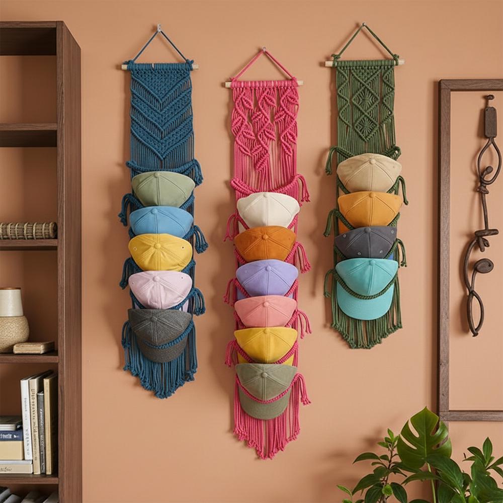 Macrame Hat Rack Organizer, Farmhouse Baseball Cap Holder For Wall, Boho Hat Organizer, Handmade Cap Display, Gift For Dad
