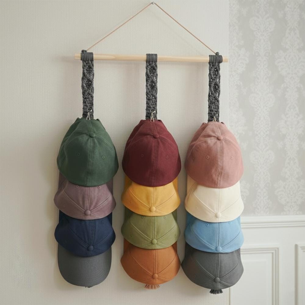 Custom Macrame Hat Hanger | Boho Cap Organizer Wall Hanging | Farmhouse Hat Holder For Baseball Caps | Gift For Him