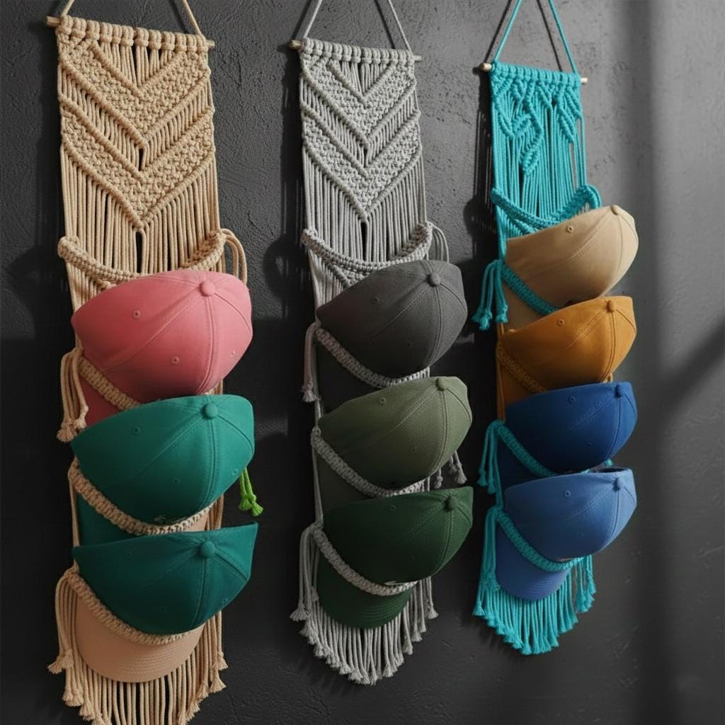 Macrame Hat Rack Organizer, Farmhouse Baseball Cap Holder For Wall, Boho Hat Organizer, Handmade Cap Display, Gift For Dad