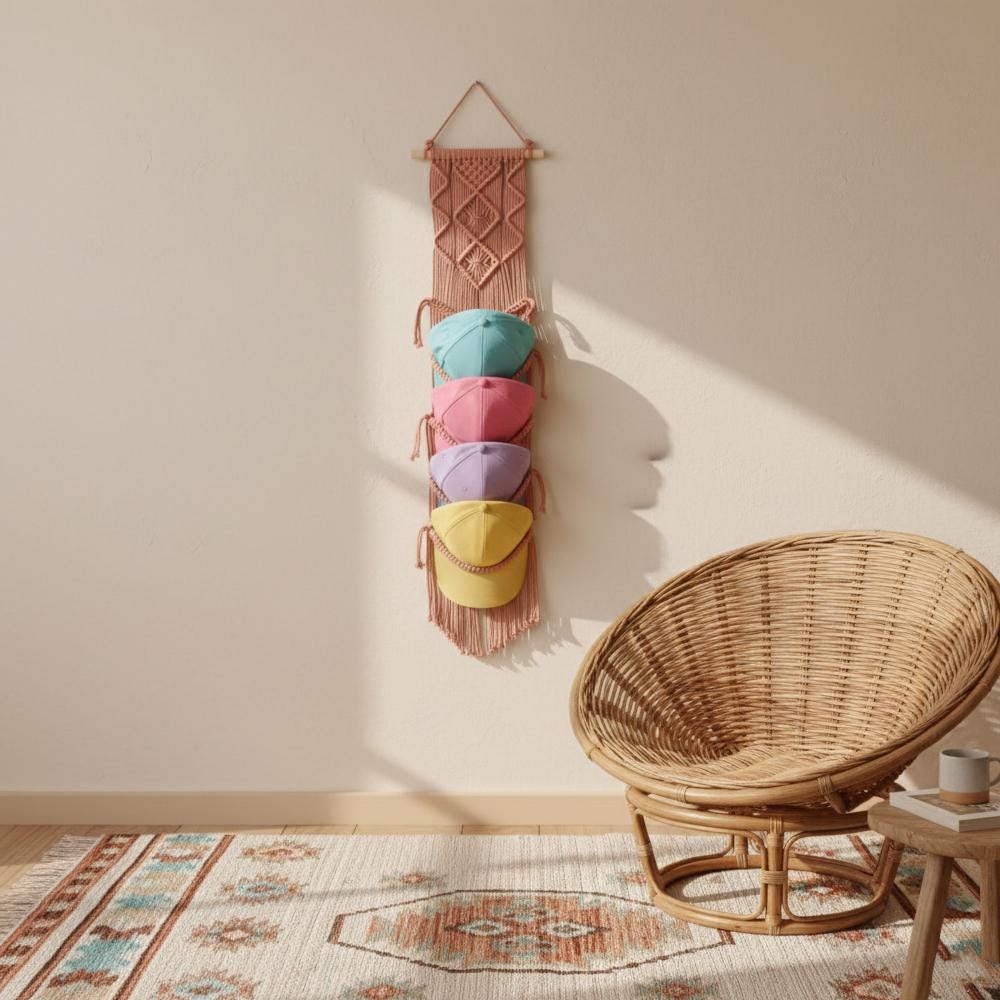 Macrame Hat Rack Organizer, Farmhouse Baseball Cap Holder For Wall, Boho Hat Organizer, Handmade Cap Display, Gift For Dad