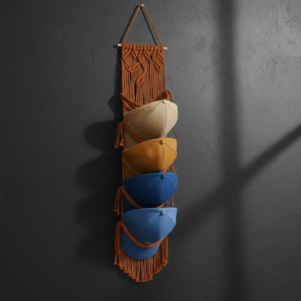 Macrame Hat Rack Organizer, Farmhouse Baseball Cap Holder For Wall, Boho Hat Organizer, Handmade Cap Display, Gift For Dad