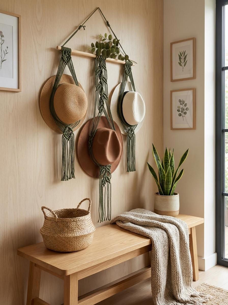 Macrame Hat Holder Wall Hanging, Boho Cotton Rope Organizer, Rustic Entryway Decor