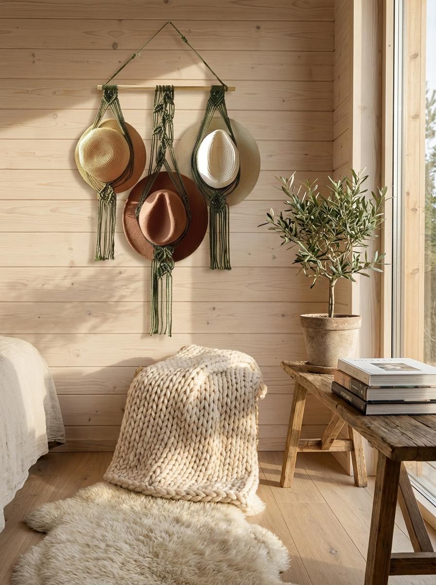 Macrame Hat Holder Wall Hanging, Boho Cotton Rope Organizer, Rustic Entryway Decor