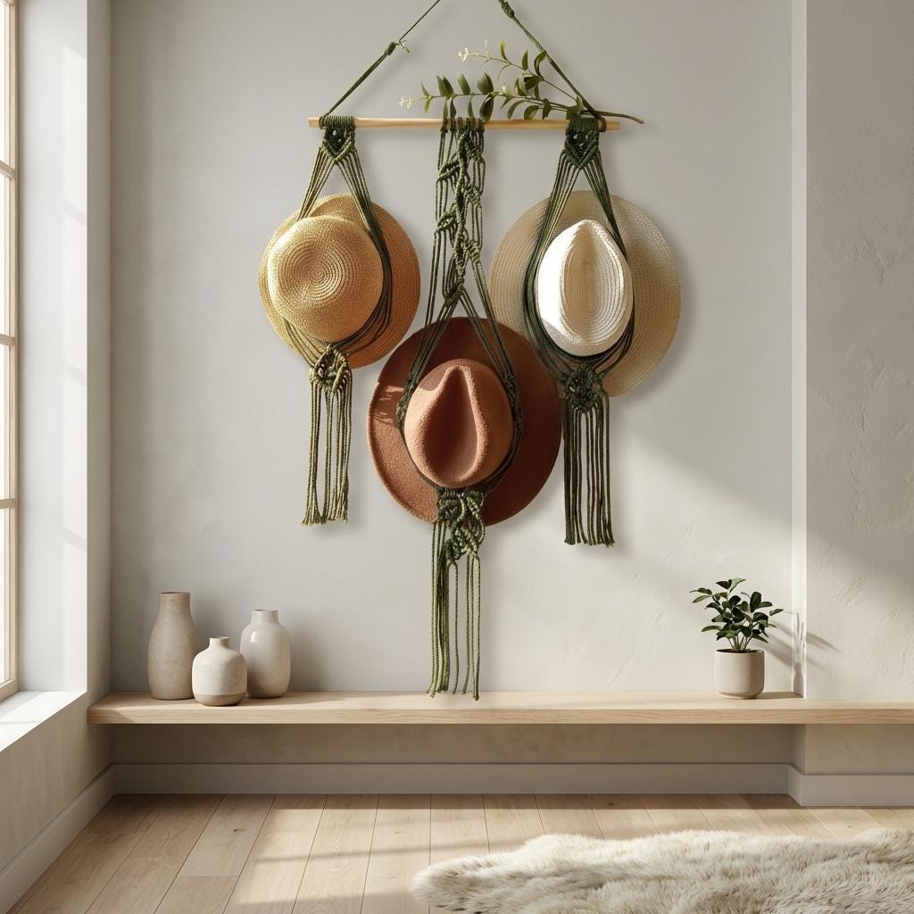 Macrame Hat Holder Wall Hanging, Boho Cotton Rope Organizer, Rustic Entryway Decor