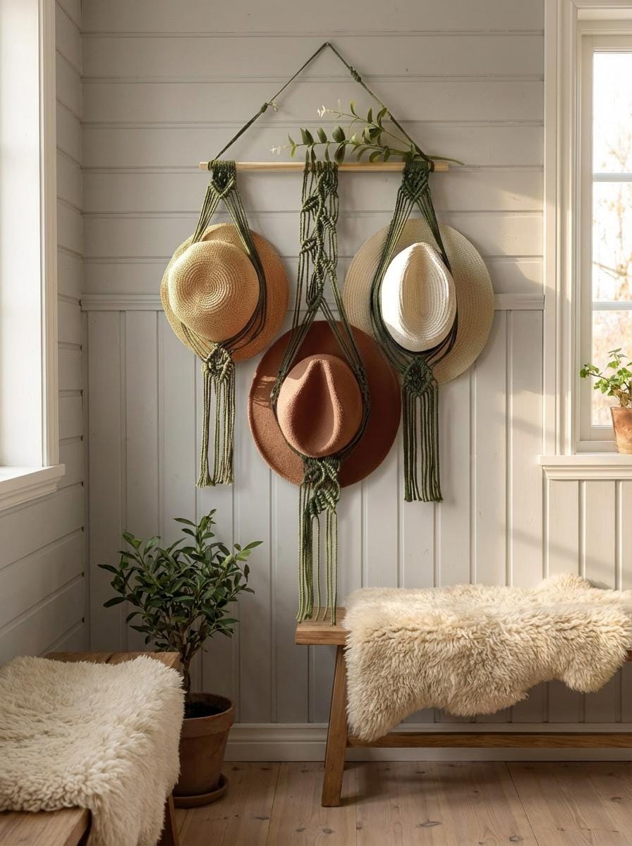 Macrame Hat Holder Wall Hanging, Boho Cotton Rope Organizer, Rustic Entryway Decor