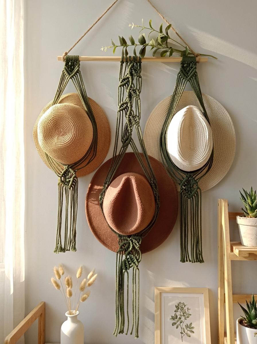 Macrame Hat Holder Wall Hanging, Boho Cotton Rope Organizer, Rustic Entryway Decor
