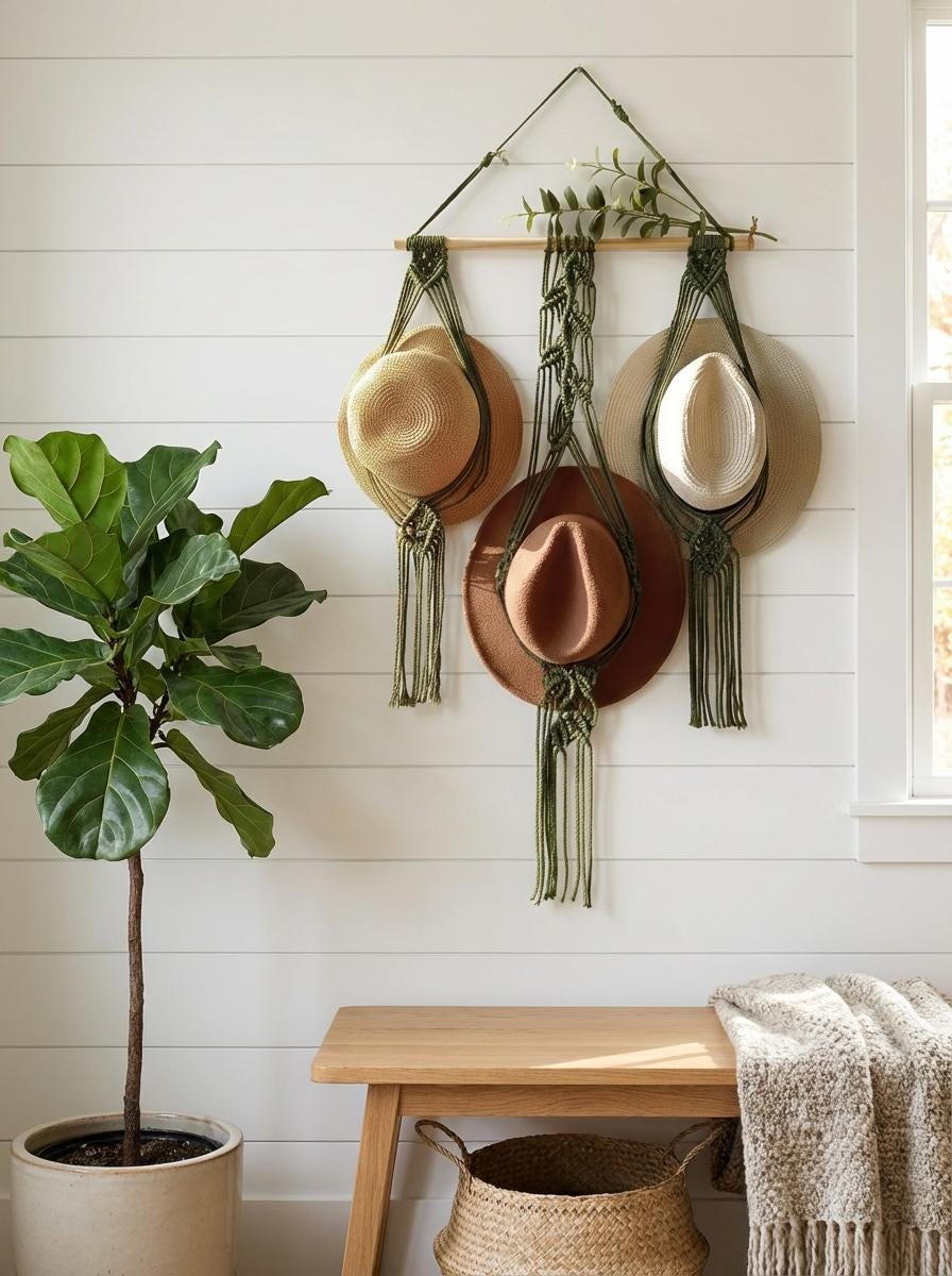 Macrame Hat Holder Wall Hanging, Boho Cotton Rope Organizer, Rustic Entryway Decor