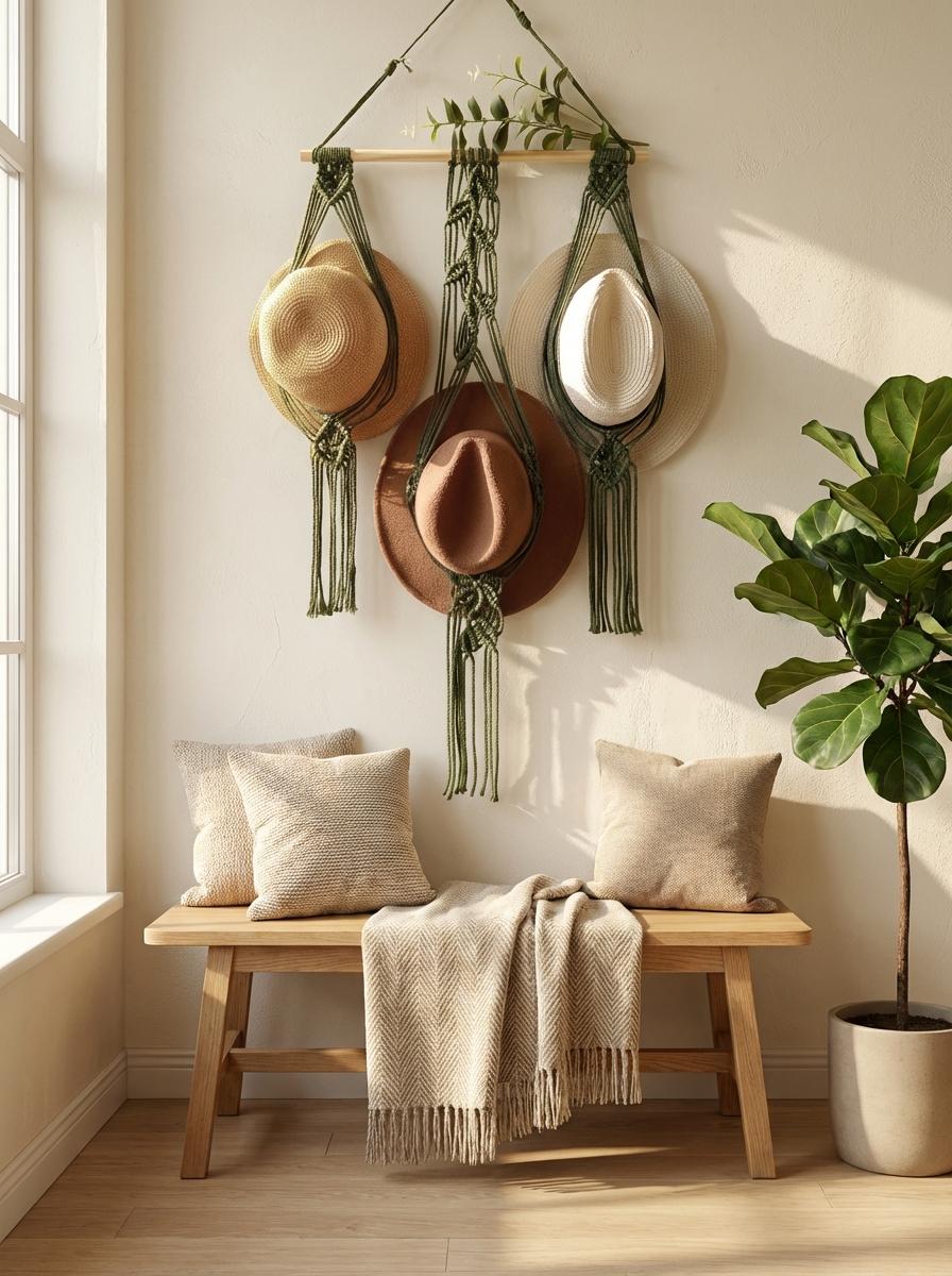 Macrame Hat Holder Wall Hanging, Boho Cotton Rope Organizer, Rustic Entryway Decor
