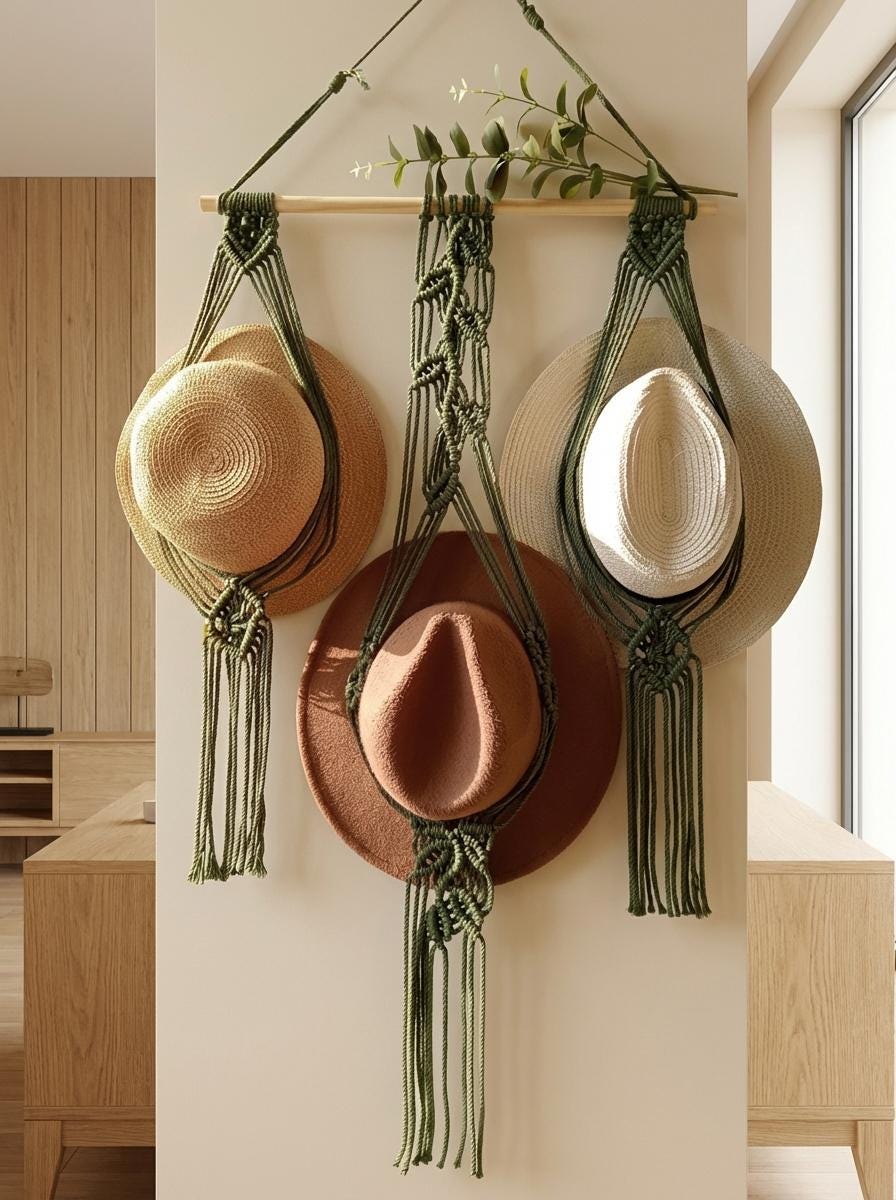 Macrame Hat Holder Wall Hanging, Boho Cotton Rope Organizer, Rustic Entryway Decor
