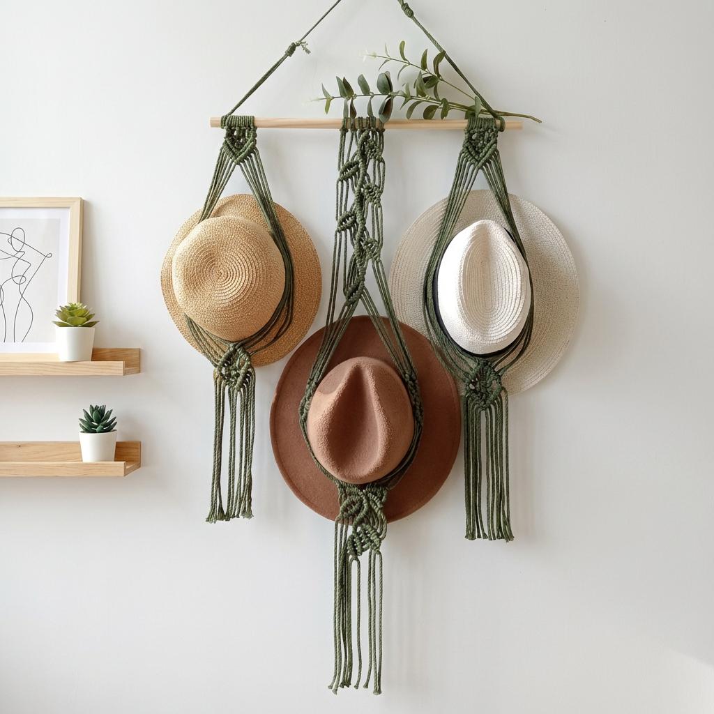 Macrame Hat Holder Wall Hanging, Boho Cotton Rope Organizer, Rustic Entryway Decor