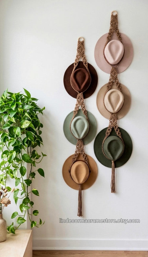 Boho Macrame Hat Hanger, Farmhouse Hat Display, Cowboy Hat Rack, Macrame Hat Holder, Triple Hat Organizer, Housewarming Gift For Her