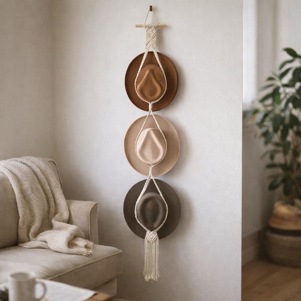 Woven Cotton Rope Hat Rack – Bohemian Tassel Wall Display Set