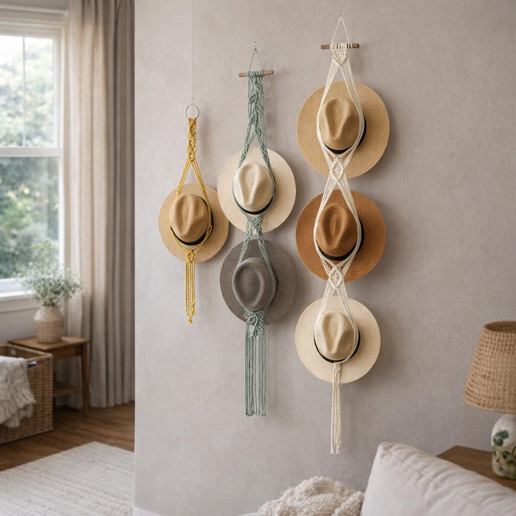 Woven Cotton Rope Hat Rack – Bohemian Tassel Wall Display Set