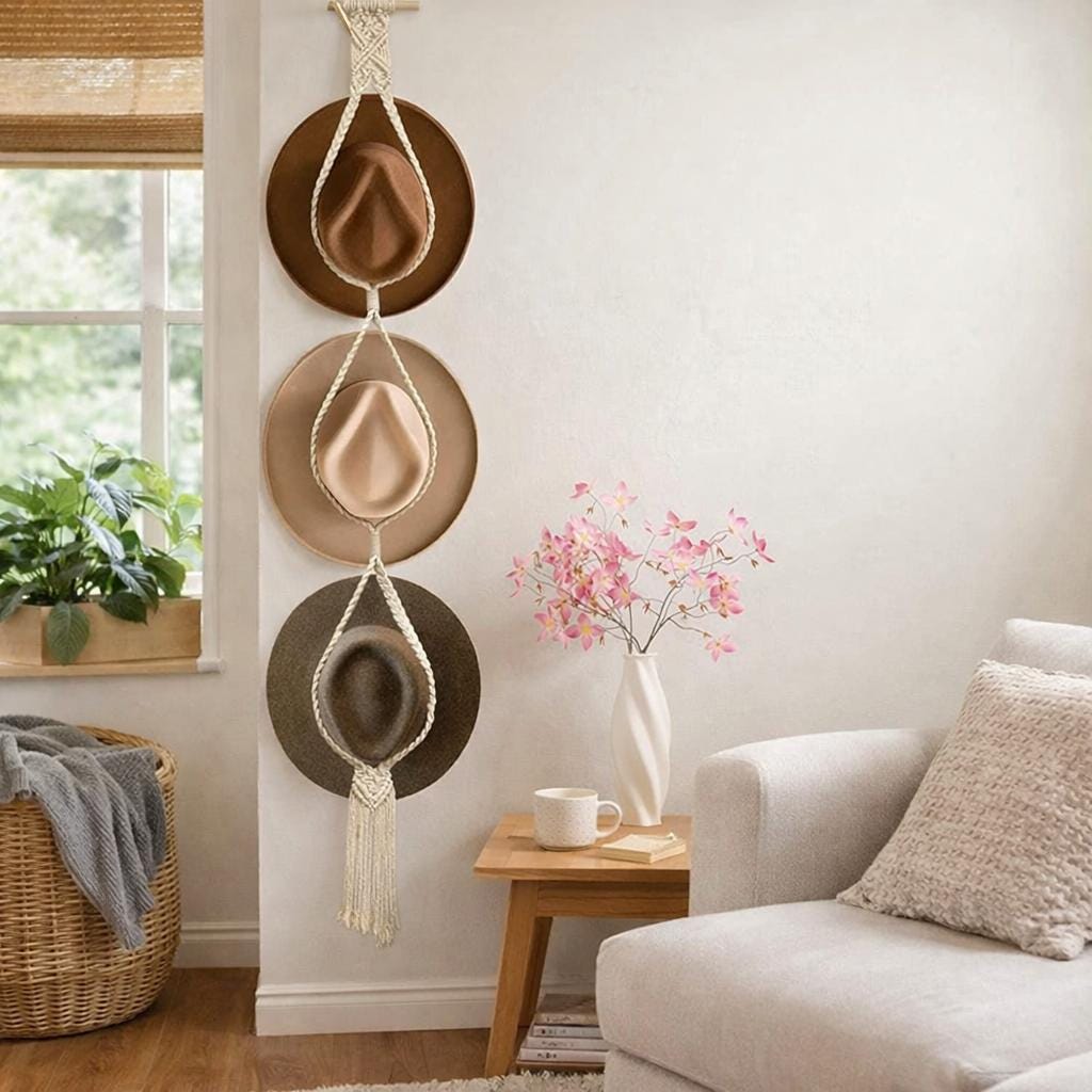 Woven Cotton Rope Hat Rack – Bohemian Tassel Wall Display Set