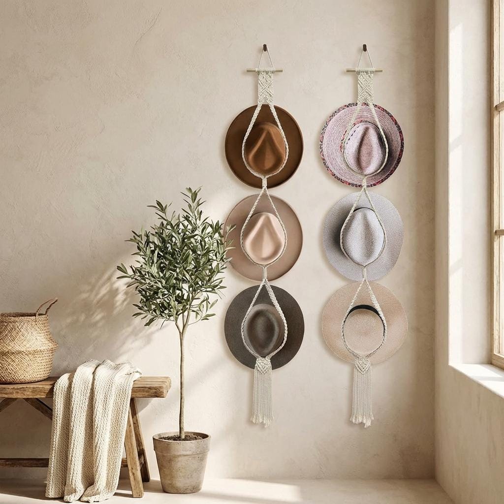 Woven Cotton Rope Hat Rack – Bohemian Tassel Wall Display Set