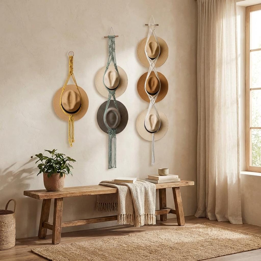 Woven Cotton Rope Hat Rack – Bohemian Tassel Wall Display Set