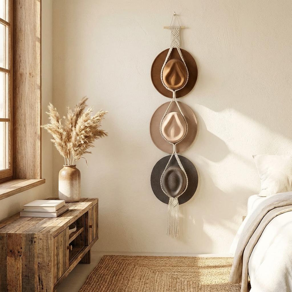 Woven Cotton Rope Hat Rack – Bohemian Tassel Wall Display Set