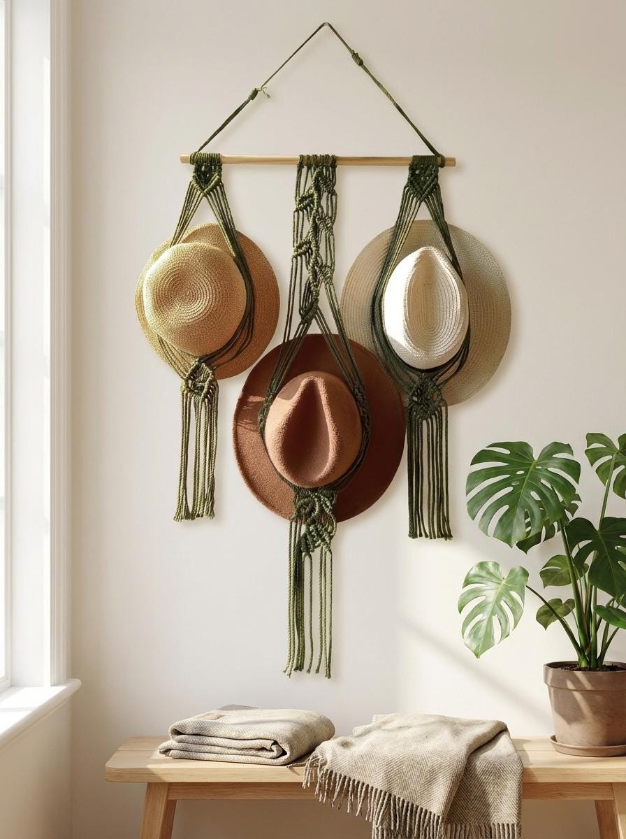 Macrame Hat Holder Wall Hanging, Boho Cotton Rope Organizer, Rustic Entryway Decor