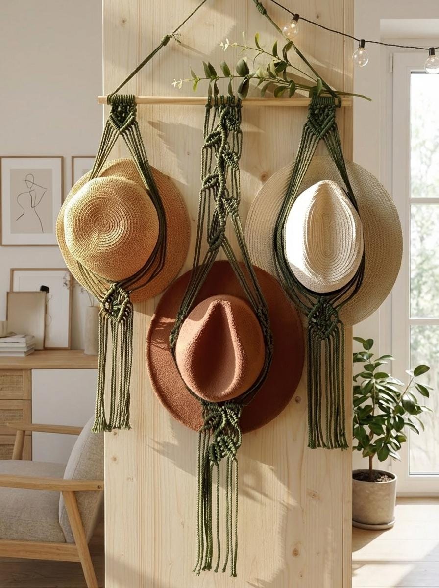 Macrame Hat Holder Wall Hanging, Boho Cotton Rope Organizer, Rustic Entryway Decor
