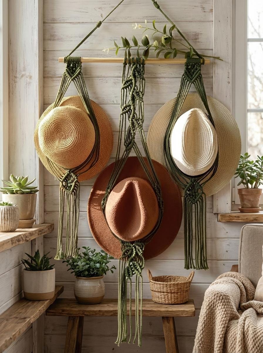 Macrame Hat Holder Wall Hanging, Boho Cotton Rope Organizer, Rustic Entryway Decor