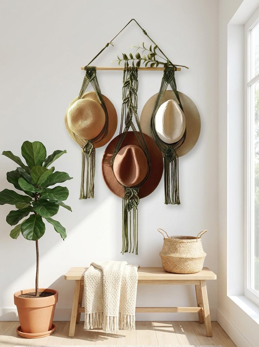 Macrame Hat Holder Wall Hanging, Boho Cotton Rope Organizer, Rustic Entryway Decor