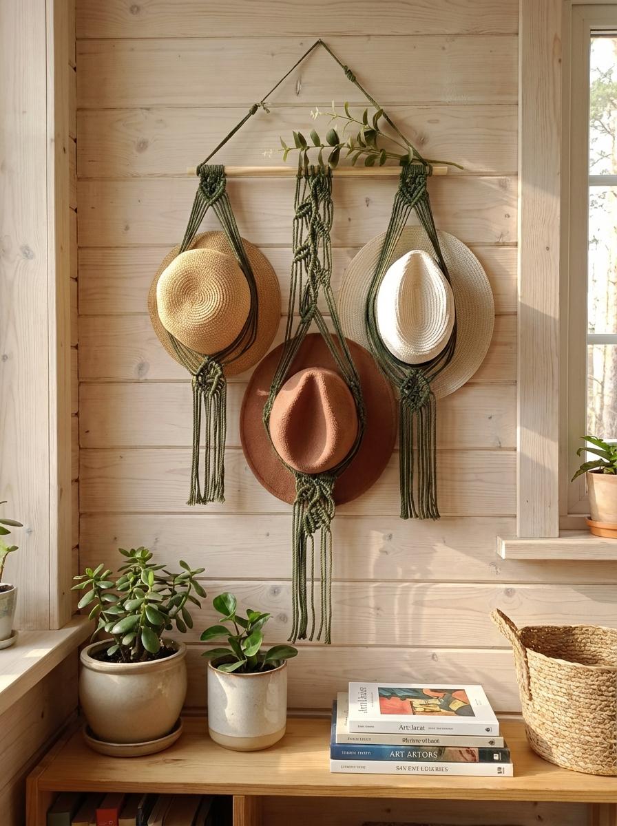 Macrame Hat Holder Wall Hanging, Boho Cotton Rope Organizer, Rustic Entryway Decor