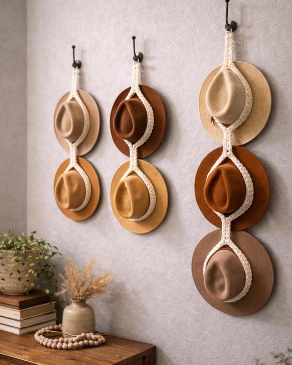 Handmade Crochet Hat Hanger | Natural Cotton Wall Organizer, Boho Farmhouse Style Hat Display