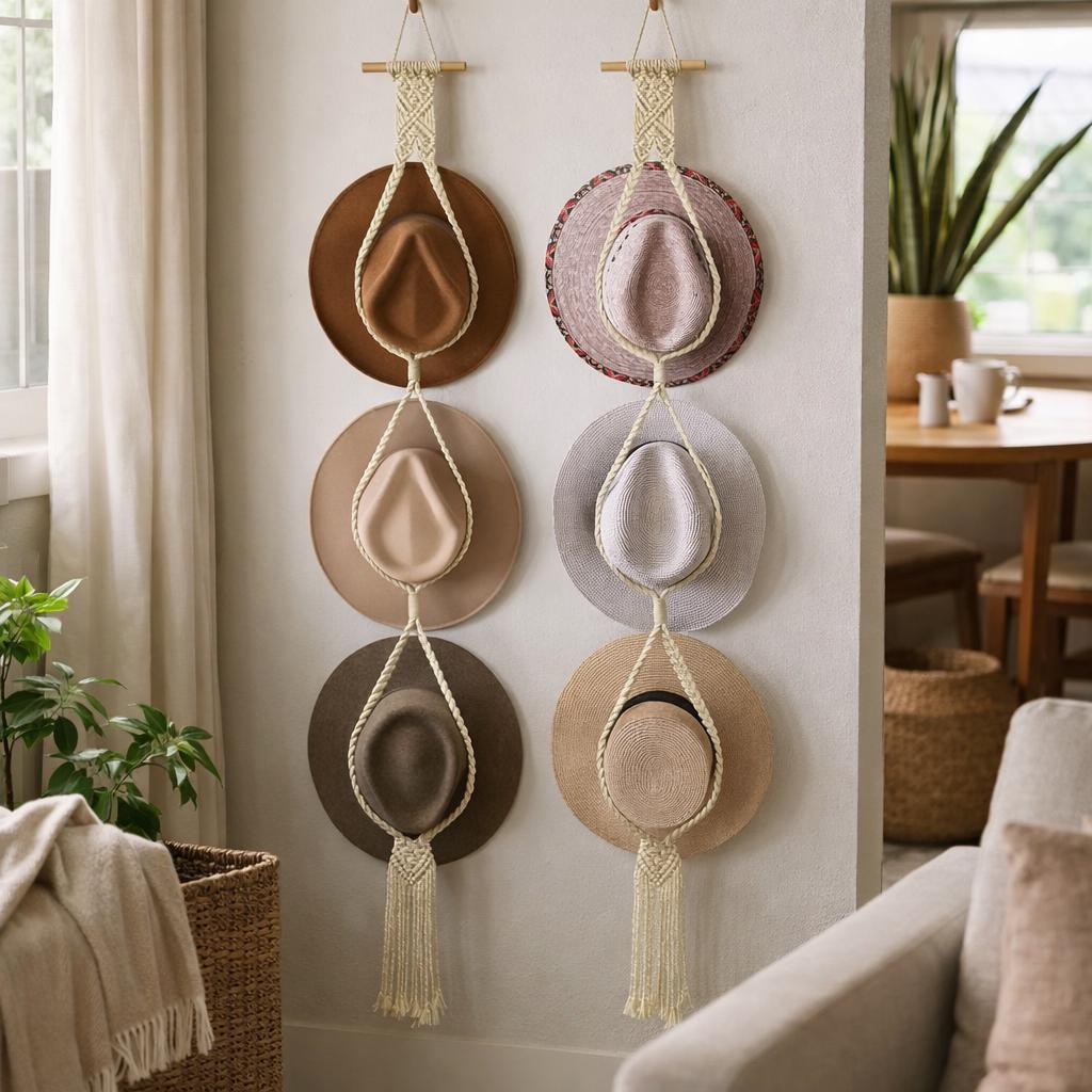 Woven Cotton Rope Hat Rack – Bohemian Tassel Wall Display Set
