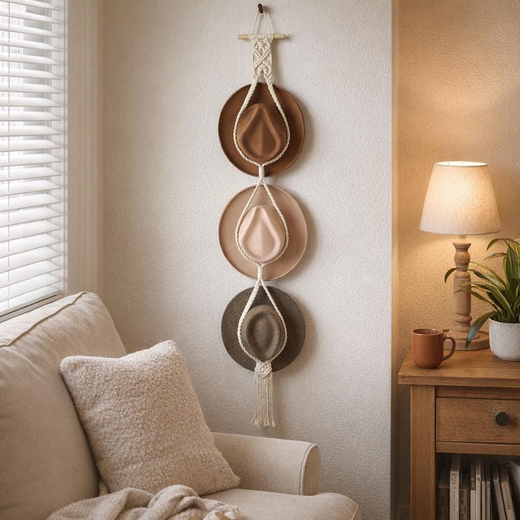 Woven Cotton Rope Hat Rack – Bohemian Tassel Wall Display Set