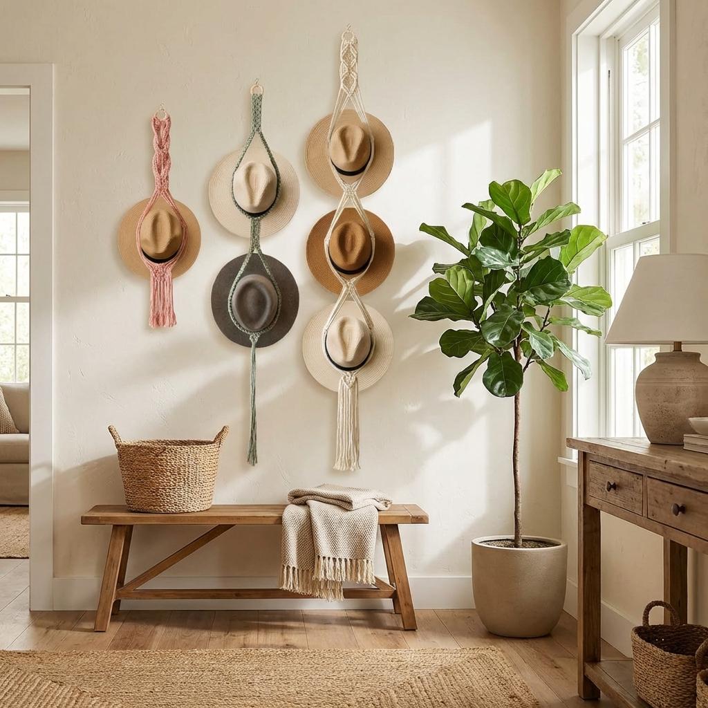 Woven Cotton Rope Hat Rack – Bohemian Tassel Wall Display Set