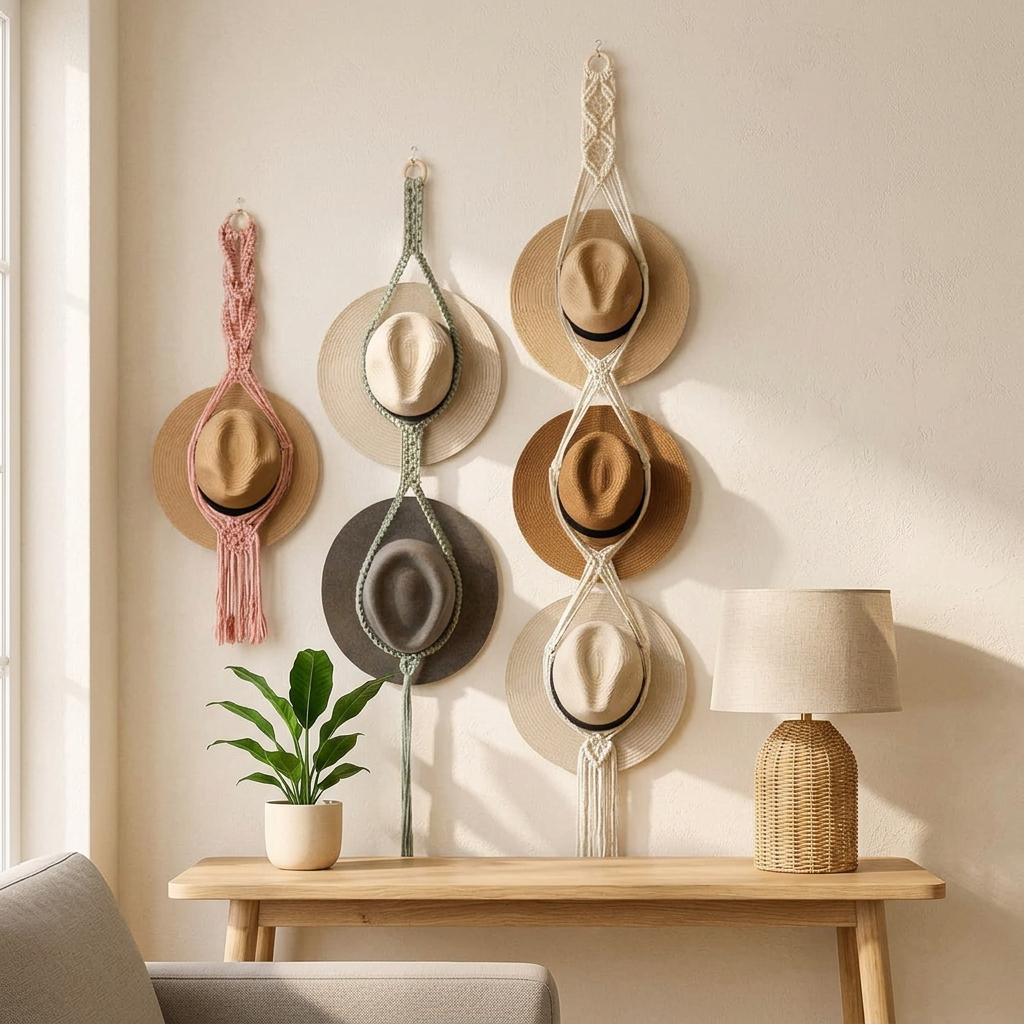 Woven Cotton Rope Hat Rack – Bohemian Tassel Wall Display Set