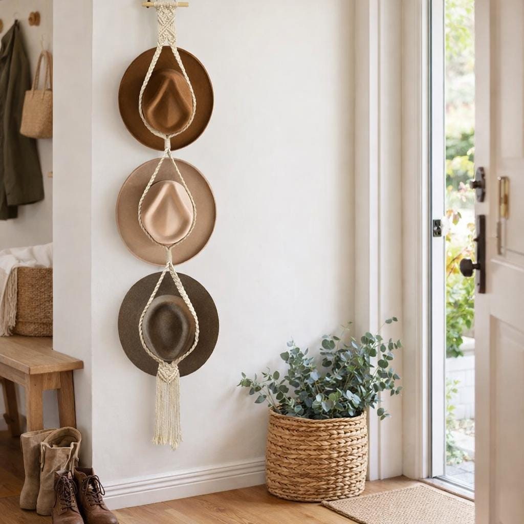 Woven Cotton Rope Hat Rack – Bohemian Tassel Wall Display Set