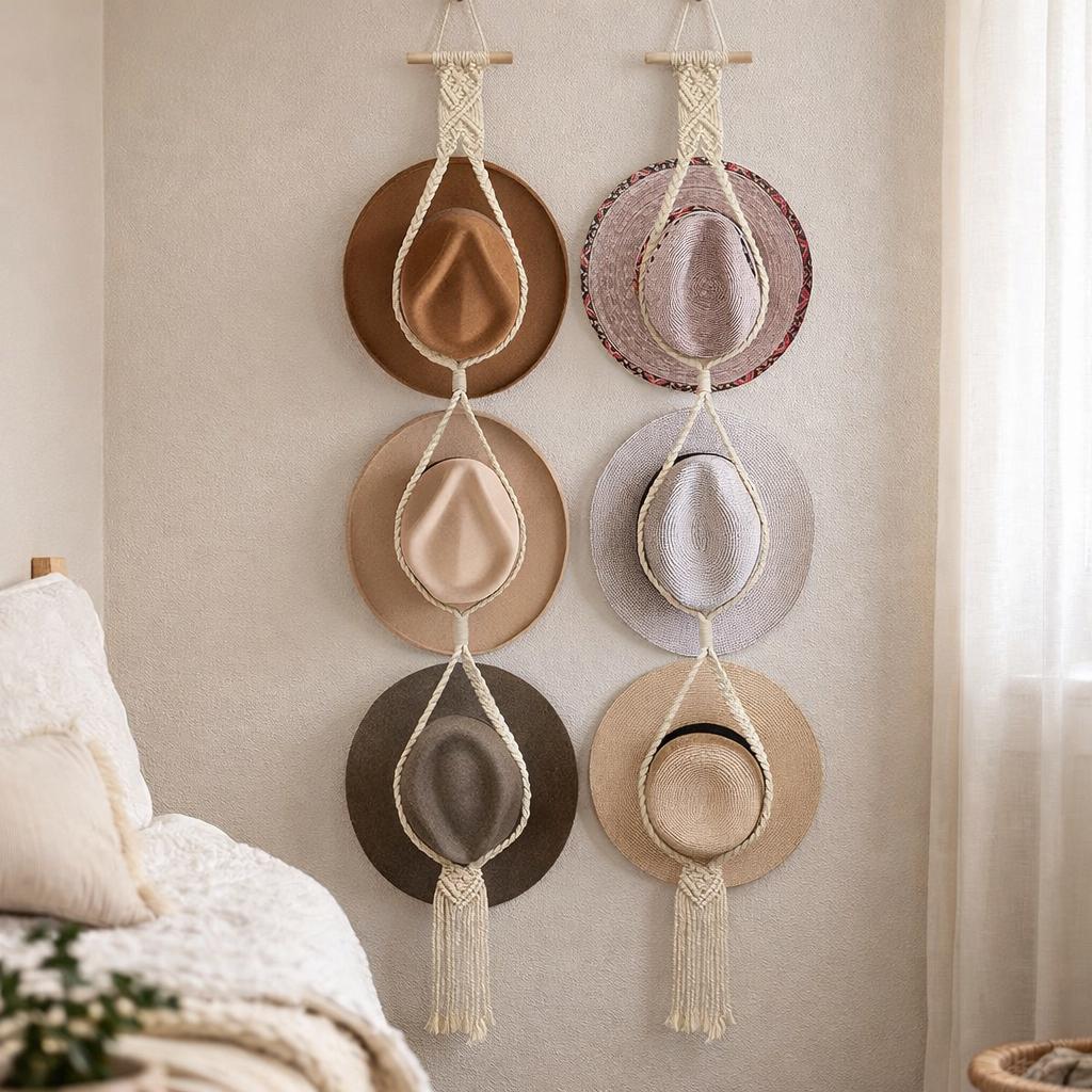 Woven Cotton Rope Hat Rack – Bohemian Tassel Wall Display Set