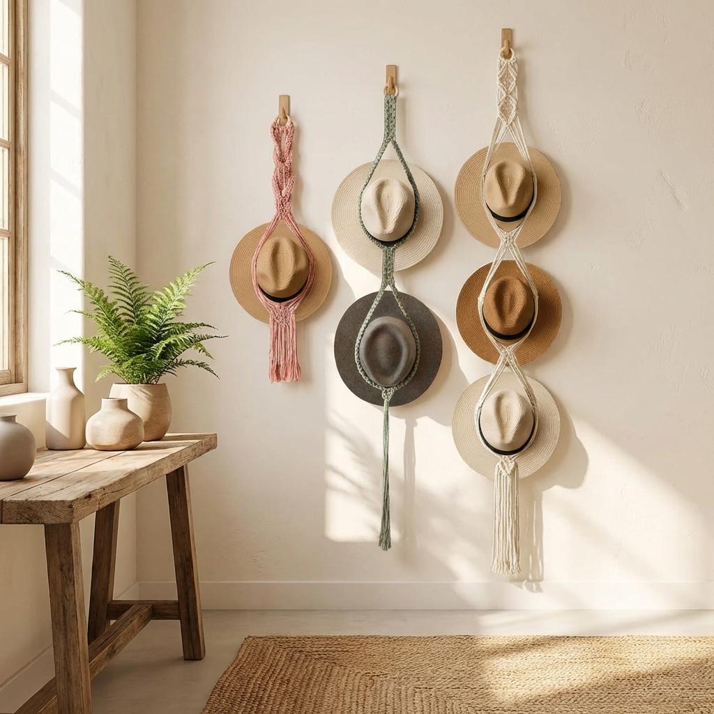 Woven Cotton Rope Hat Rack – Bohemian Tassel Wall Display Set
