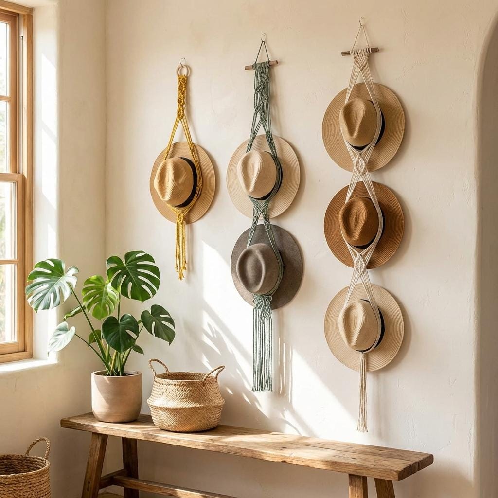 Woven Cotton Rope Hat Rack – Bohemian Tassel Wall Display Set