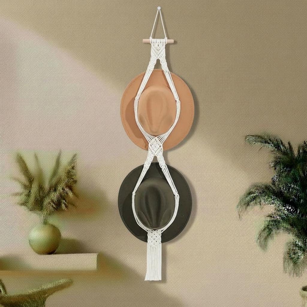 Macrame Hat Holder Wall Hanger - Boho Hat Organizer Rack For Wide Brim Hats, Cowboy & Fedora Storage, Handmade Cotton Rustic Décor